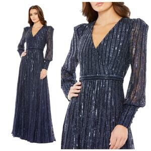 Mac Duggal 93679D Formal Gown Navy Blue Midnight Long Sleeve Beaded Wrap 6 Dress
